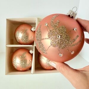 Vintage Set of 4 Polish Mouth Blown Glass Christmas Ornaments Peach Satin & Gold